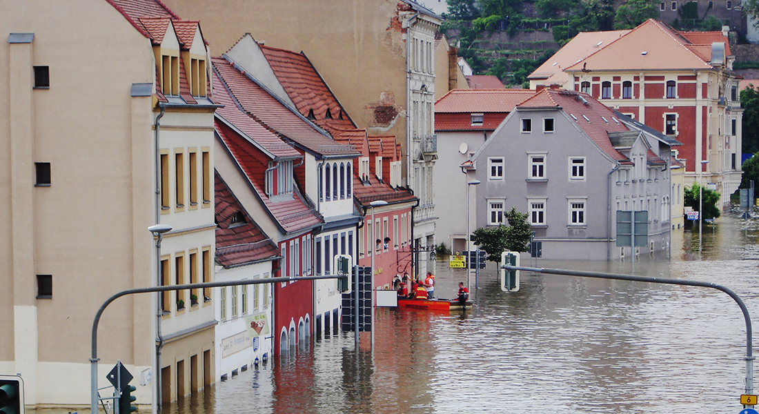 View of a flooded street in a small city